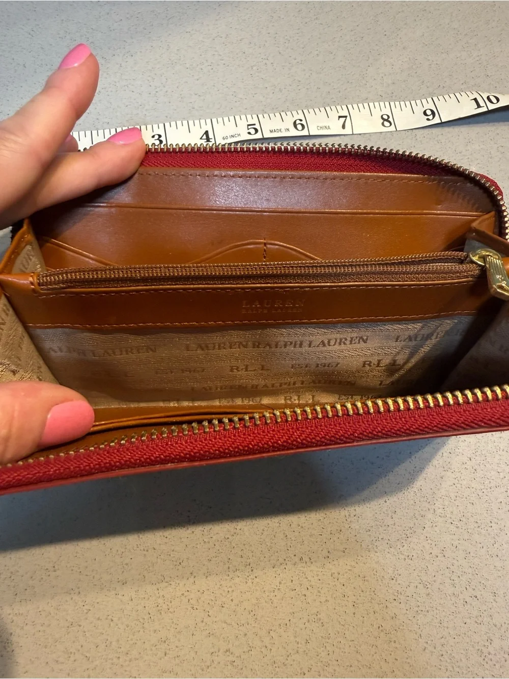 Lauren Ralph Lauren Red Leather Zip Wallet with Gold Hardware